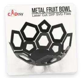 A collection of CNC-made items, including a metal serving tray and a decorative bowl, created from serving trays and bowls DXF files.