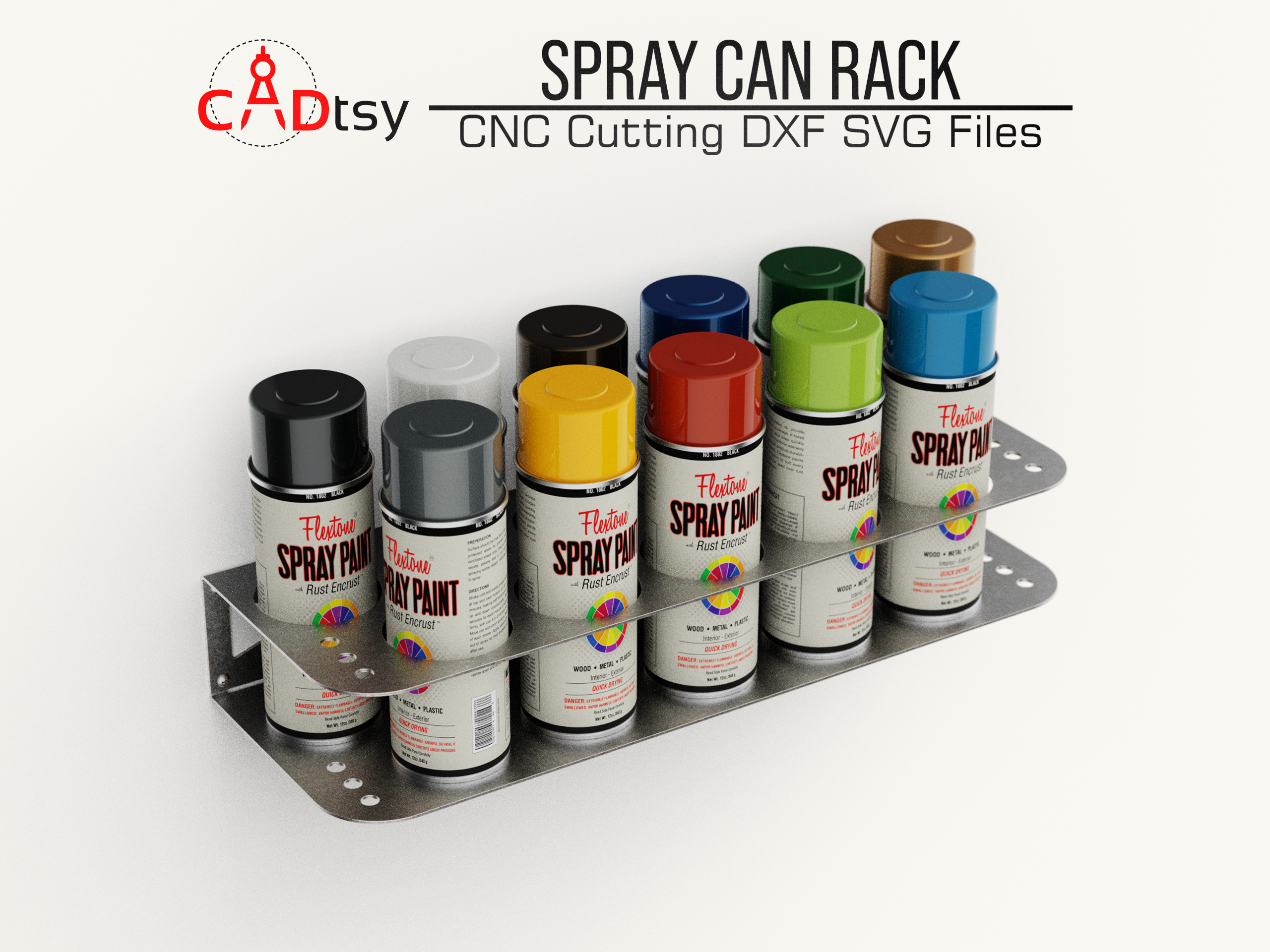 A wall-mounted metal spray can rack, holding 11 colorful spray paint cans, made from a DXF file.