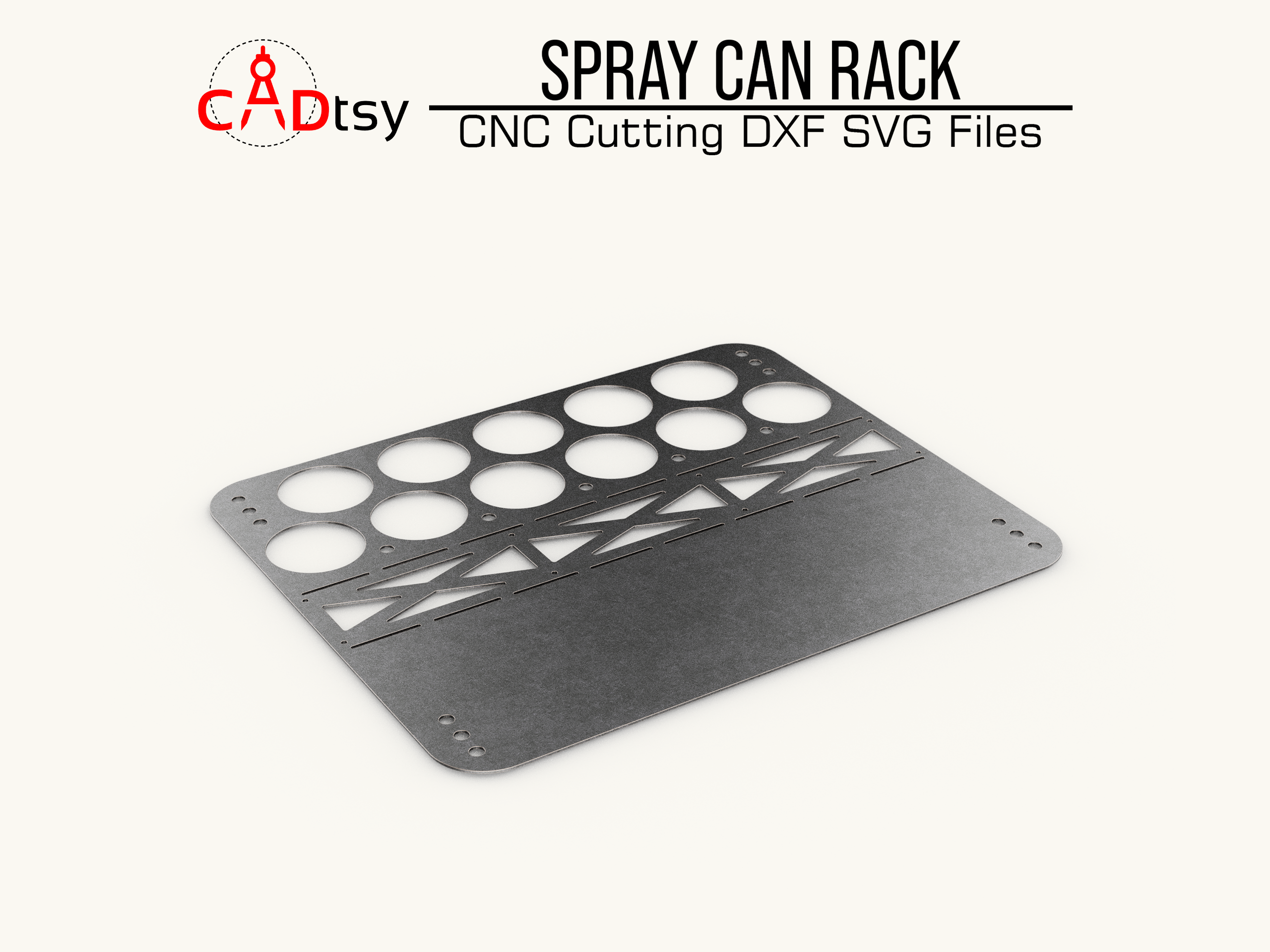 Spray Can Rack DXF SVG Laser Plasma Cutting Files - A workshop tool organizer designed to hold 11 spray cans, shown with precision CNC cutting patterns in DXF and SVG file formats.