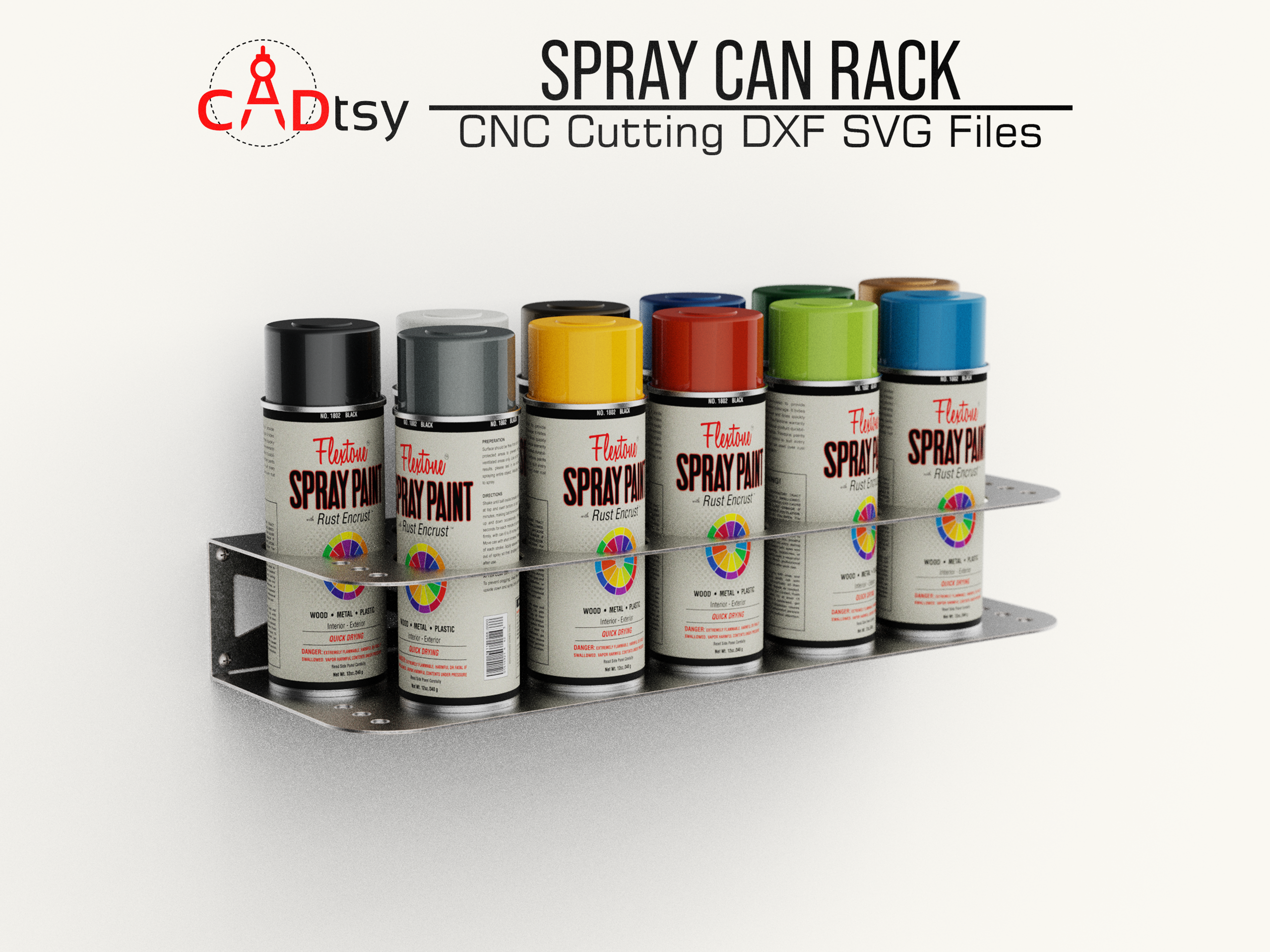 Spray Can Rack DXF SVG Laser Plasma Cutting Files - A workshop tool organizer designed to hold 11 spray cans, shown with precision CNC cutting patterns in DXF and SVG file formats.