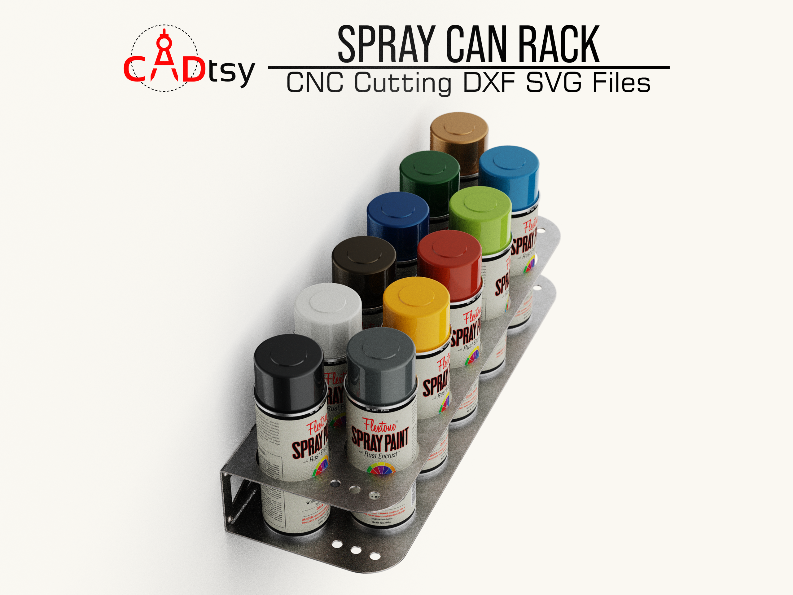 Spray Can Rack DXF SVG Laser Plasma Cutting Files - A workshop tool organizer designed to hold 11 spray cans, shown with precision CNC cutting patterns in DXF and SVG file formats.