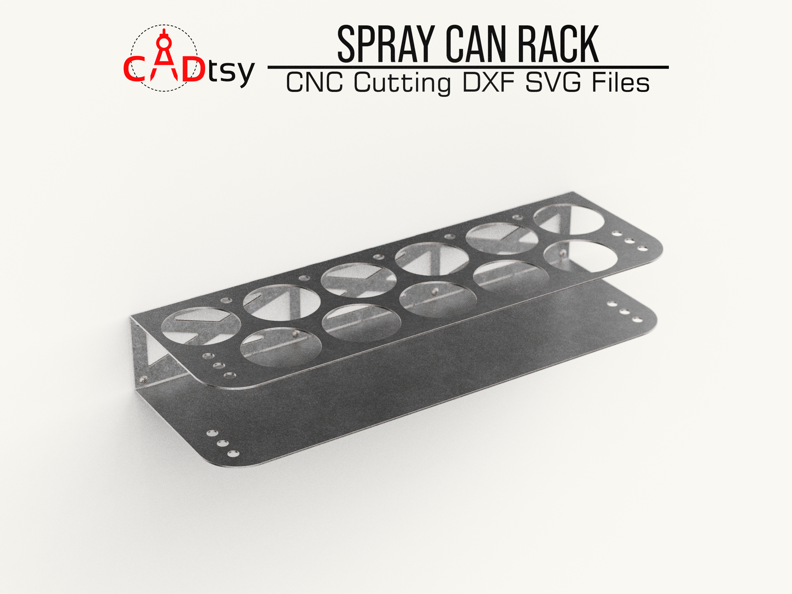 Spray Can Rack DXF SVG Laser Plasma Cutting Files - A workshop tool organizer designed to hold 11 spray cans, shown with precision CNC cutting patterns in DXF and SVG file formats.