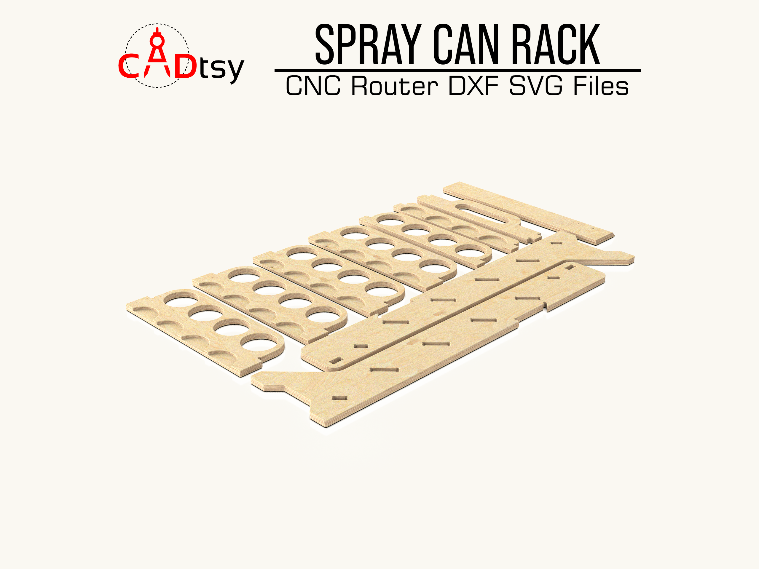 Download precision DXF/SVG files for CNC router cutting to build your spray paint can holder rack. Enhance workshop garage organization with easy-to-follow, compatible, and durable designs.