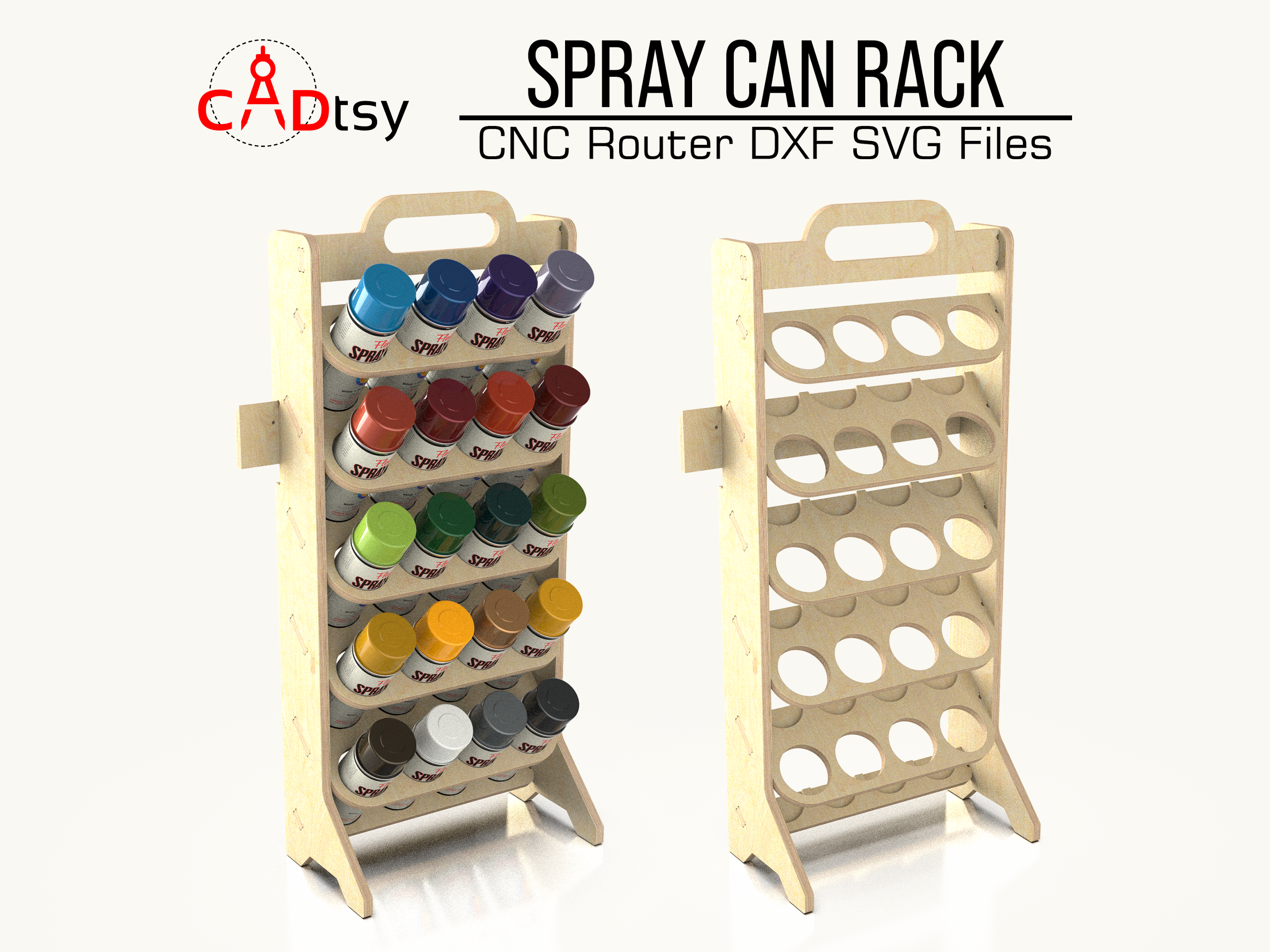 Download precision DXF/SVG files for CNC router cutting to build your spray paint can holder rack. Enhance workshop garage organization with easy-to-follow, compatible, and durable designs.