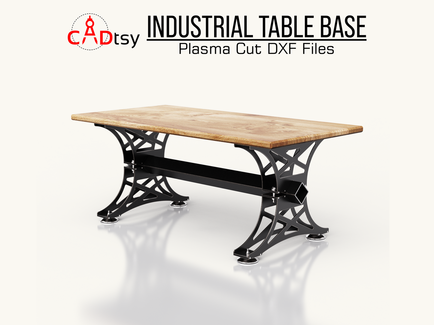 A heavy-duty industrial metal table base, made from a DXF file, shown fully assembled and ready for a large tabletop.
