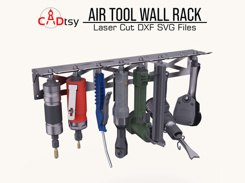 A black metal air tool wall rack holding several pneumatic tools, made from a DXF file.
