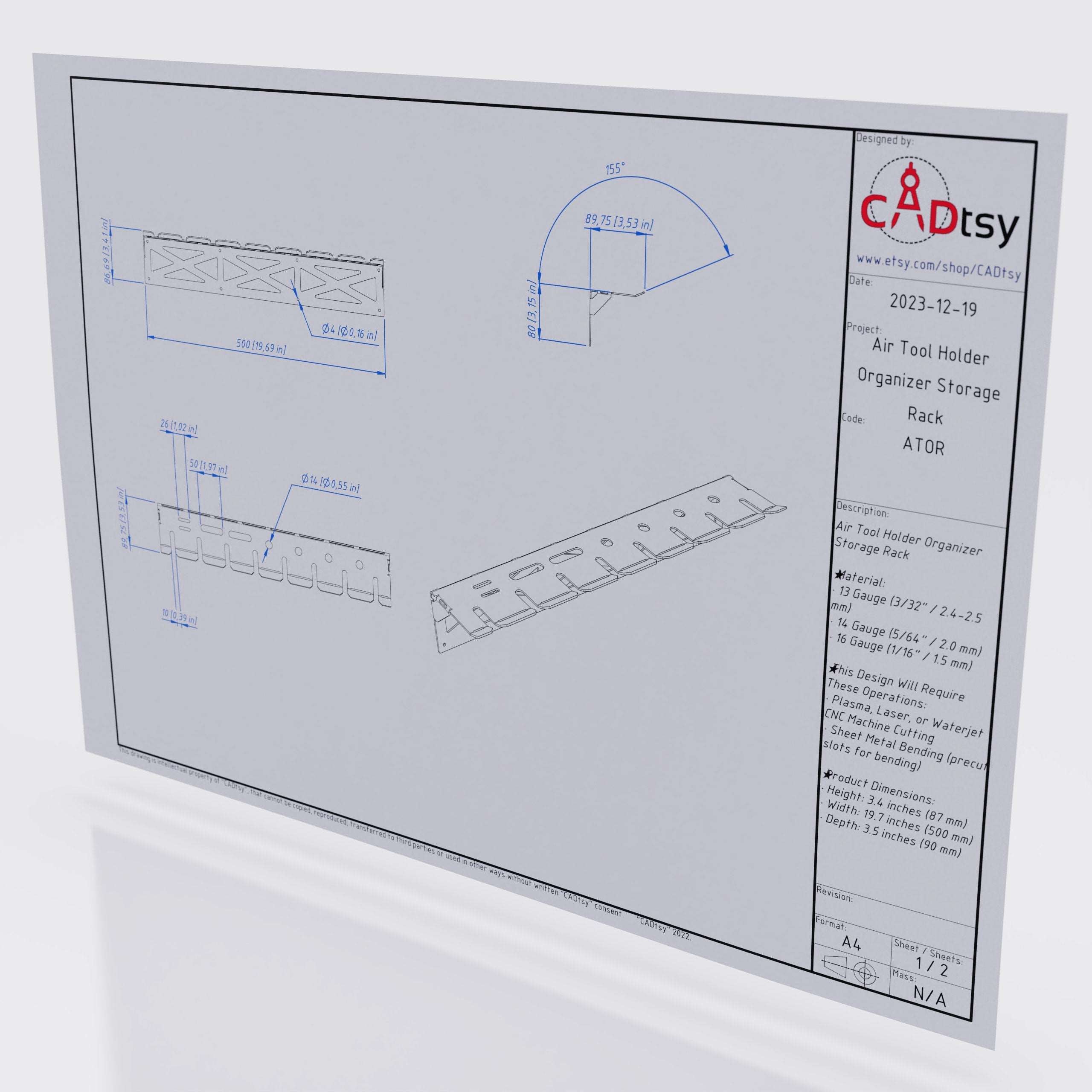 Technical drawing of a tool holder showing its dimensions of 19.7 inches wide.