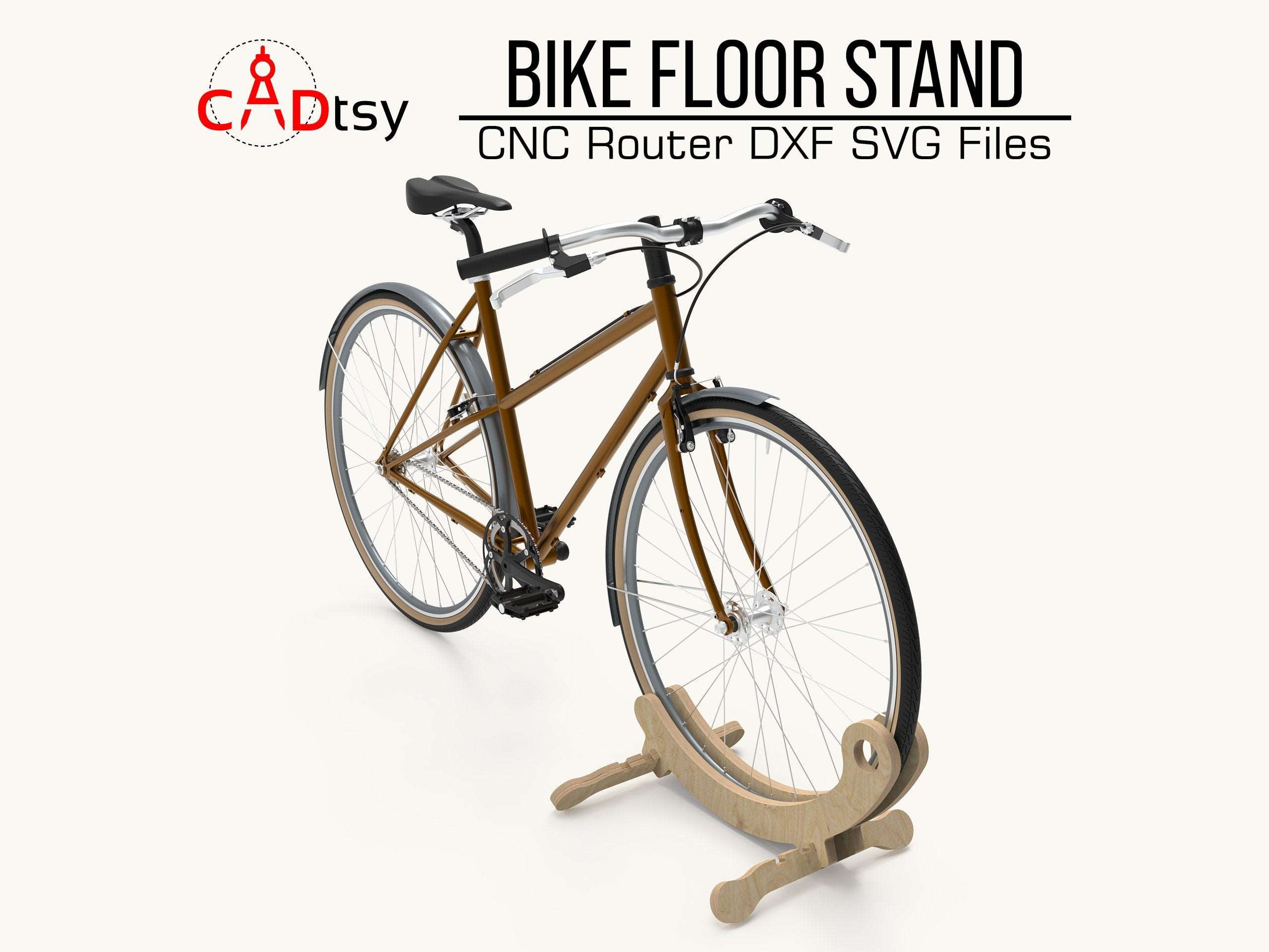 A wooden bike floor stand, made from a DXF file, securely holding a bicycle in a garage.