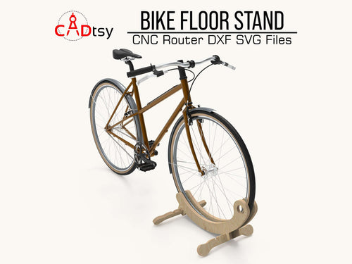 A wooden bike floor stand, made from a DXF file, securely holding a bicycle in a garage.