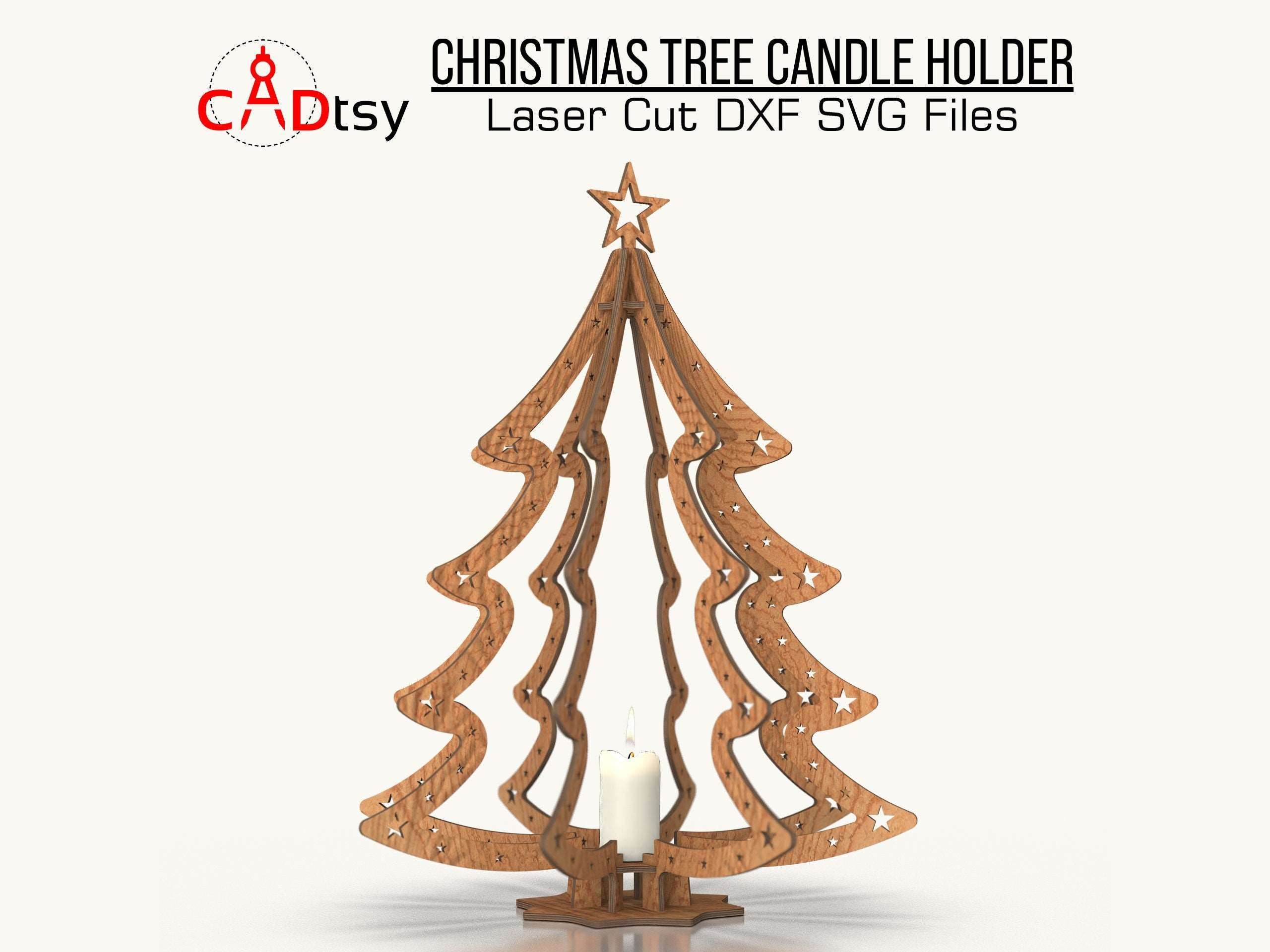 A 3D wooden Christmas tree candle holder, made from an SVG file, shown with candles and festive decorations.