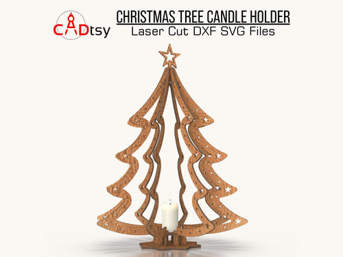 A 3D wooden Christmas tree candle holder, made from an SVG file, shown with candles and festive decorations.