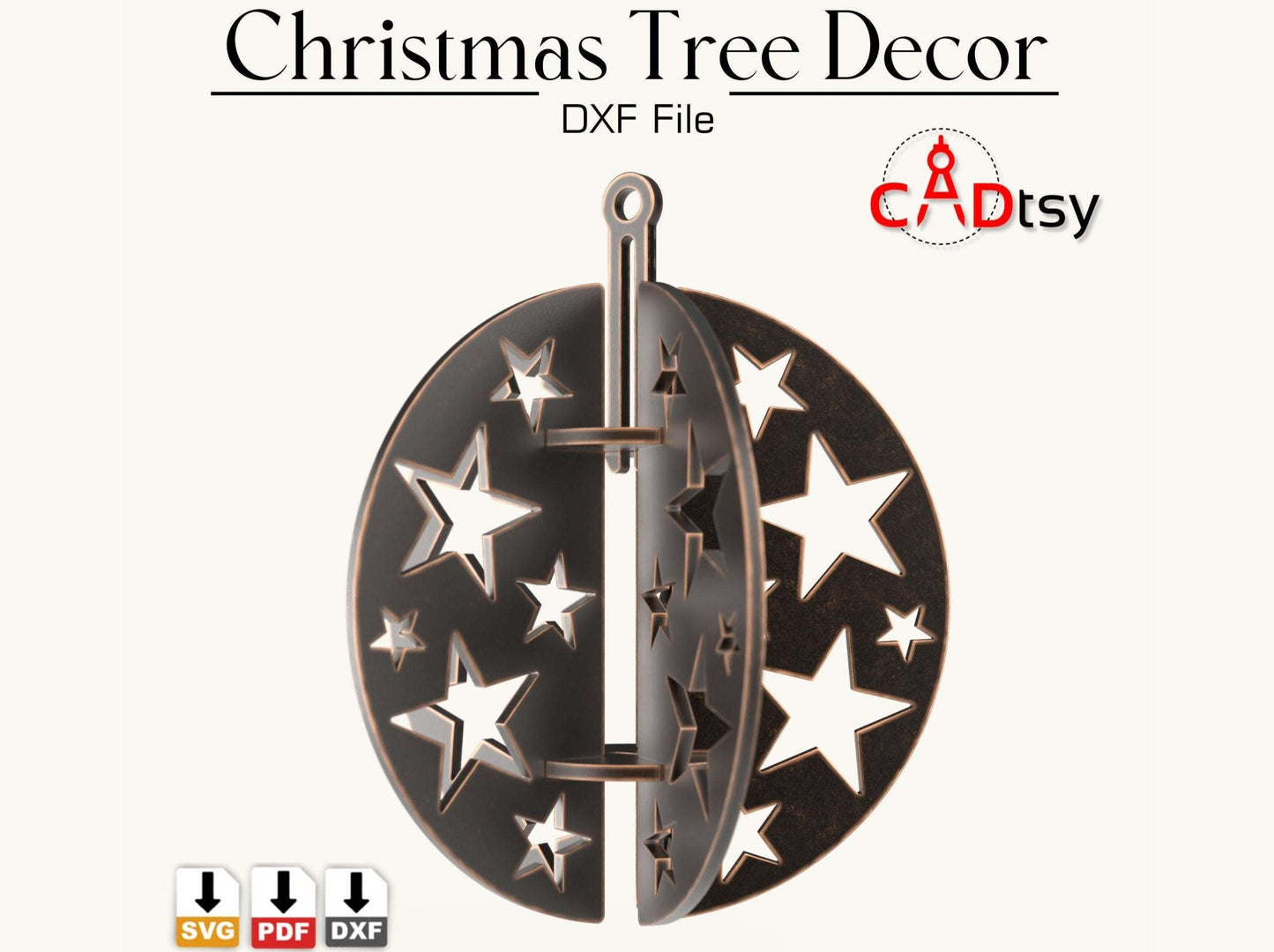 A 3D metal Christmas ornament shaped like a bauble with star cutouts, made from a Christmas bauble ornament SVG file.