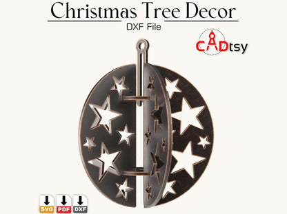 A 3D metal Christmas ornament shaped like a bauble with star cutouts, made from a Christmas bauble ornament SVG file.