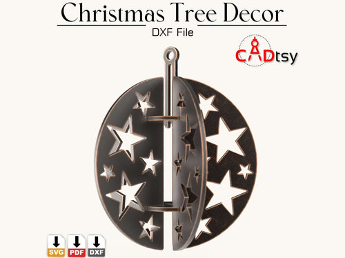 A 3D metal Christmas ornament shaped like a bauble with star cutouts, made from a Christmas bauble ornament SVG file.