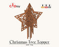 A 3D wooden star, made from a Christmas tree topper SVG file, is shown assembled and ready to be placed on a tree.