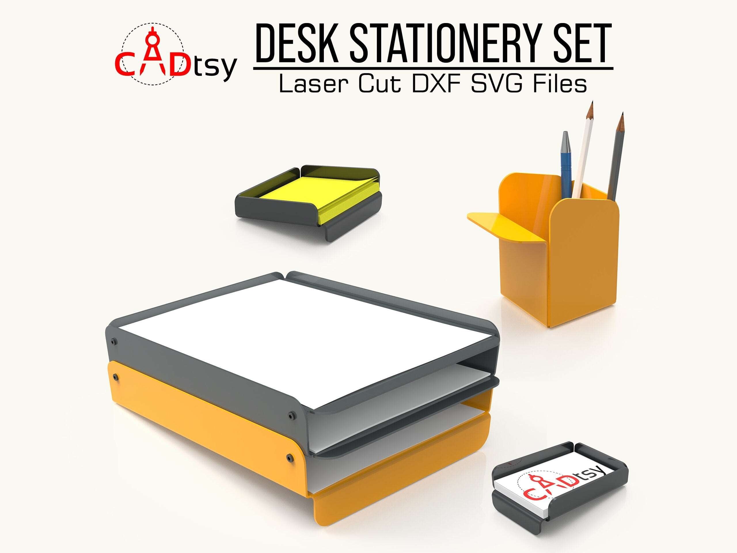 A full metal desk organizer set, made from DXF files, shown on a desk and including a pen holder, paper tray, business card holder, and note holder.
