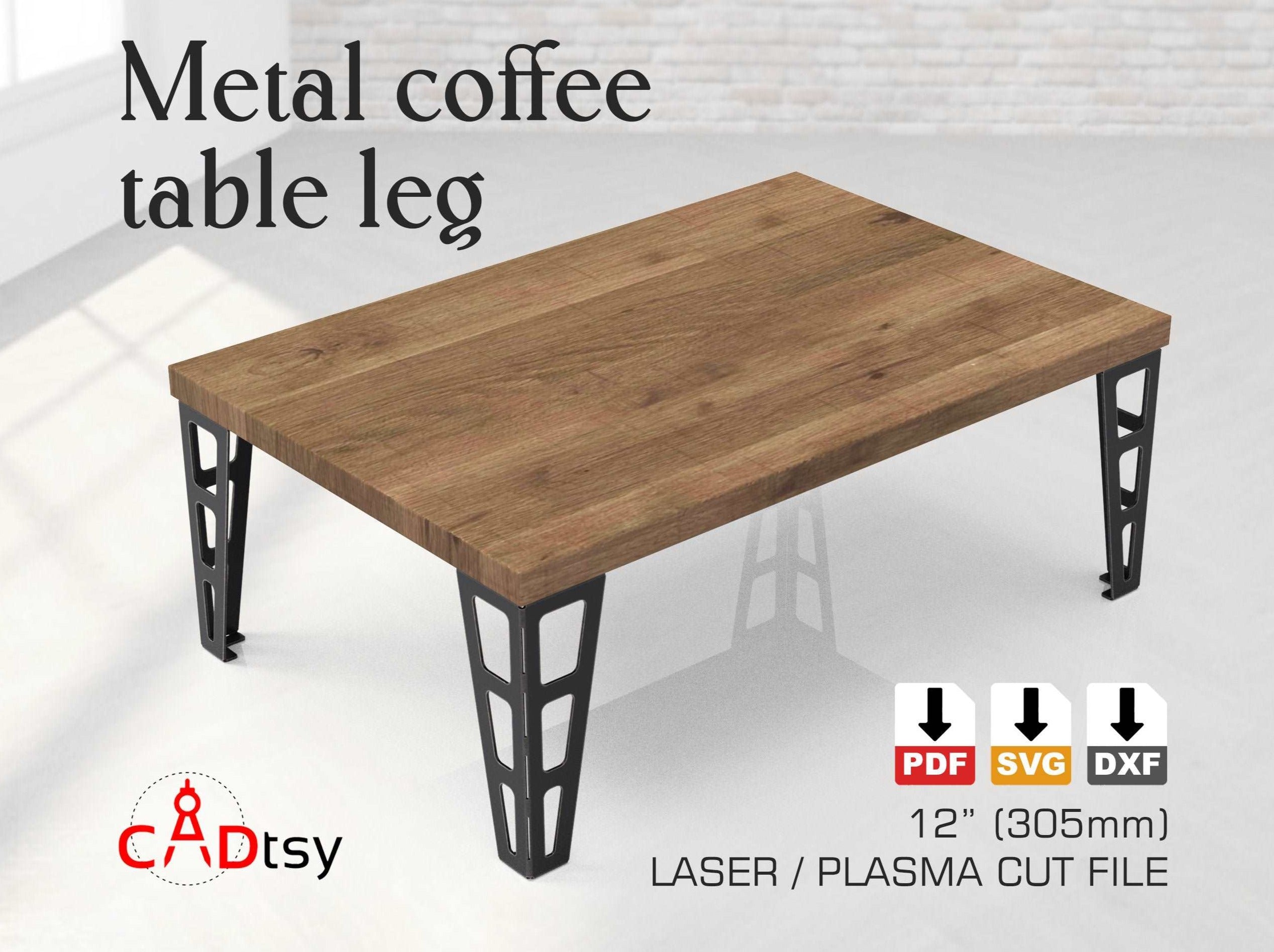A set of stylish metal table legs in two different heights, made from coffee table legs DXF files, shown ready to be attached to a tabletop.