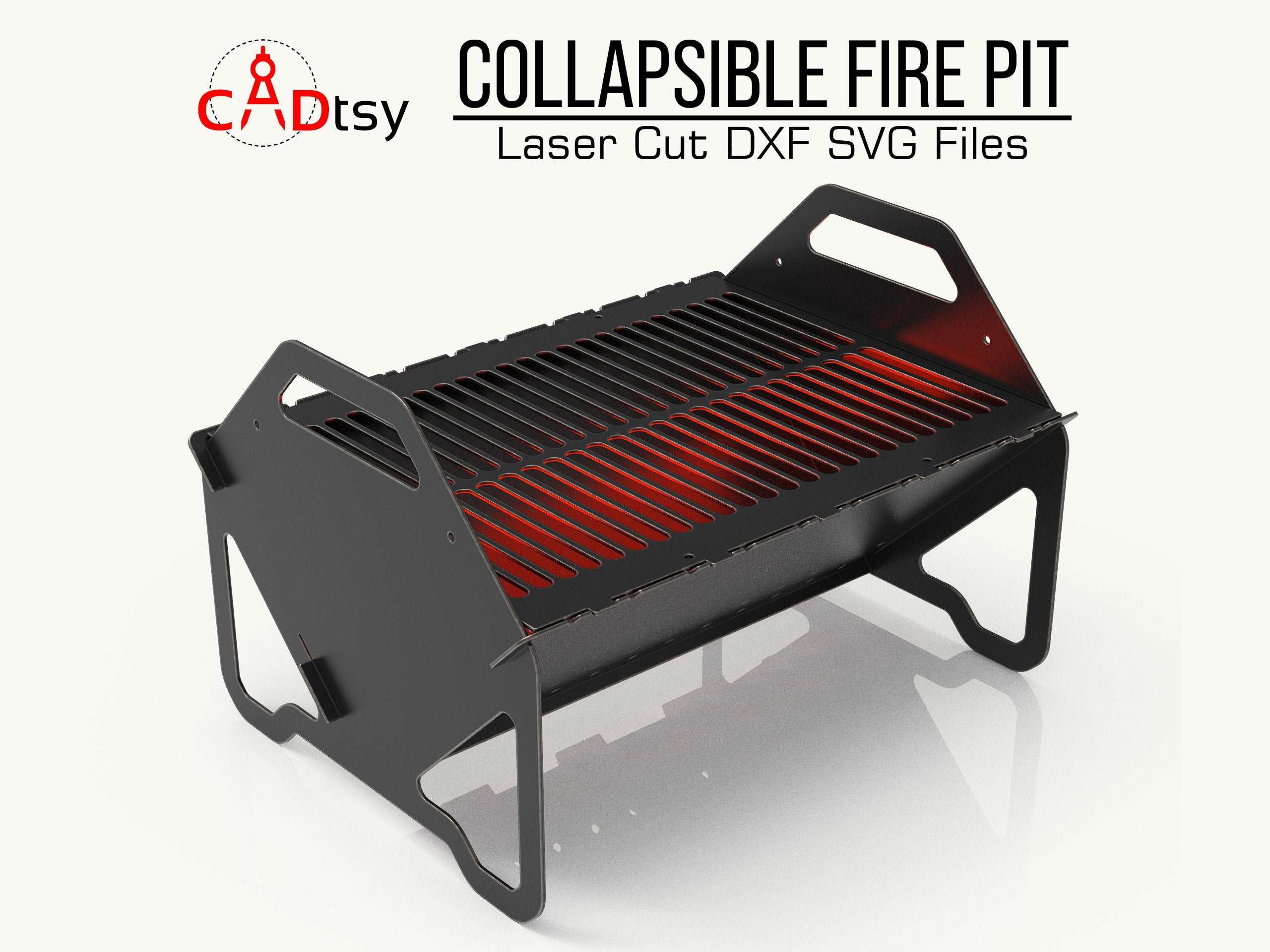 A metal collapsible fire pit, made from a DXF file, shown assembled with a fire in it at a campsite.