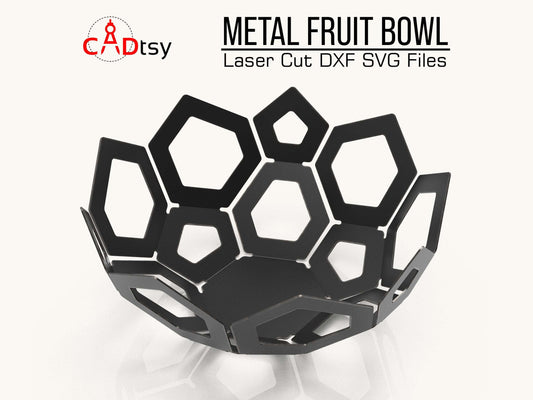 A stylish decorative metal fruit bowl, made from a DXF file, shown as a centerpiece on a dining table.