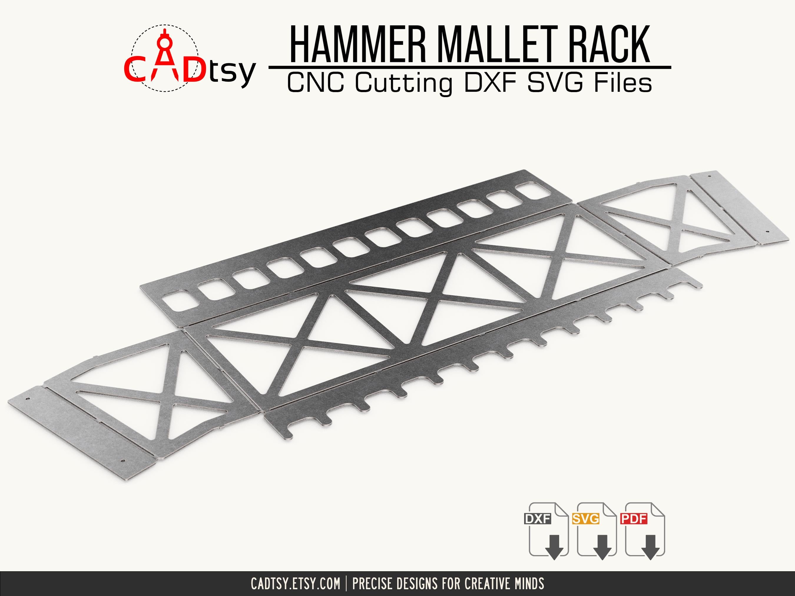 Hammer Mallet Rack DXF SVG Laser Plasma Cutting Files - A workshop tool organizer designed to hold 12 hammers/mallets, shown with precision CNC cutting patterns in DXF and SVG file formats.