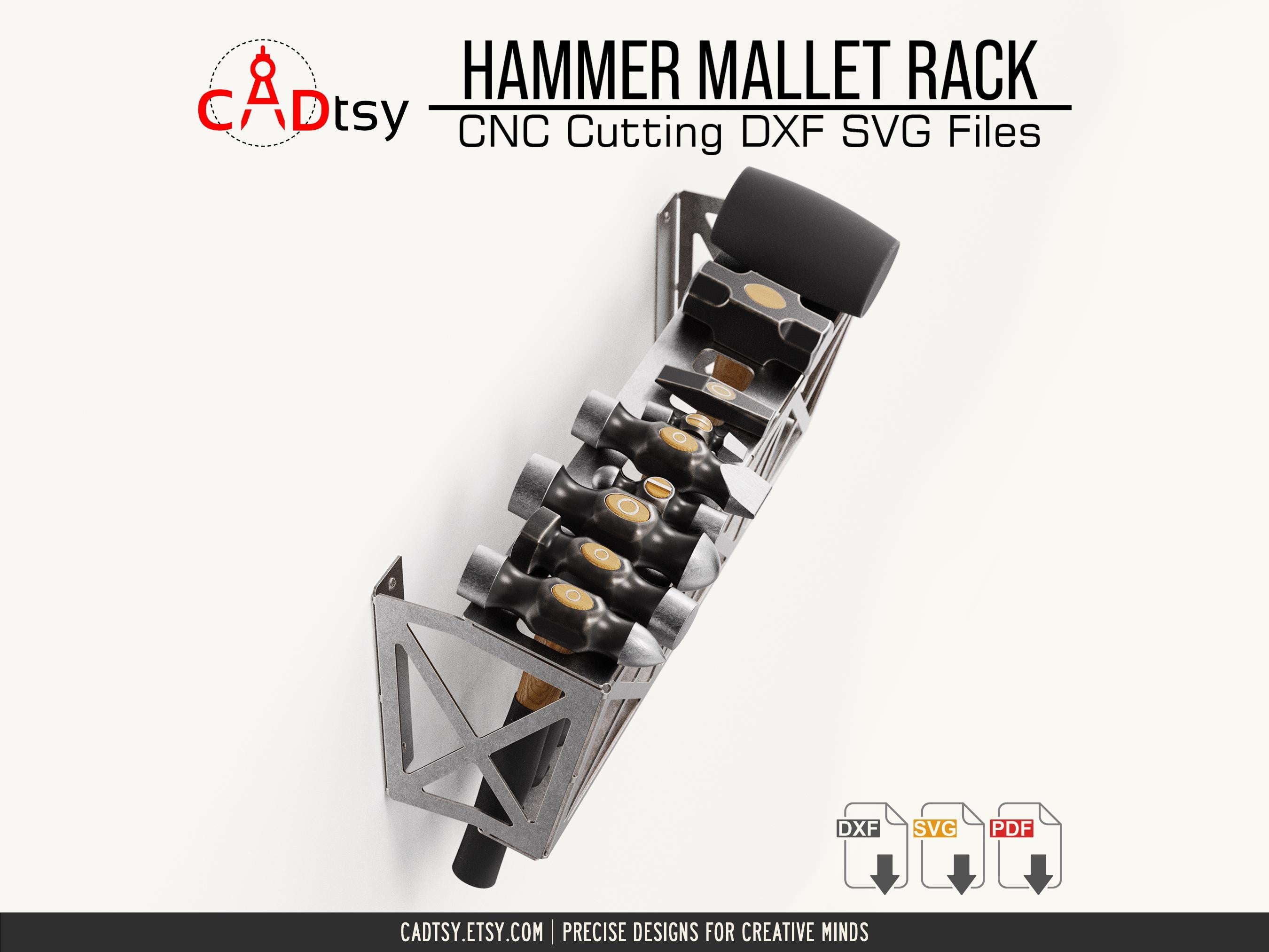 Hammer Mallet Rack DXF SVG Laser Plasma Cutting Files - A workshop tool organizer designed to hold 12 hammers/mallets, shown with precision CNC cutting patterns in DXF and SVG file formats.