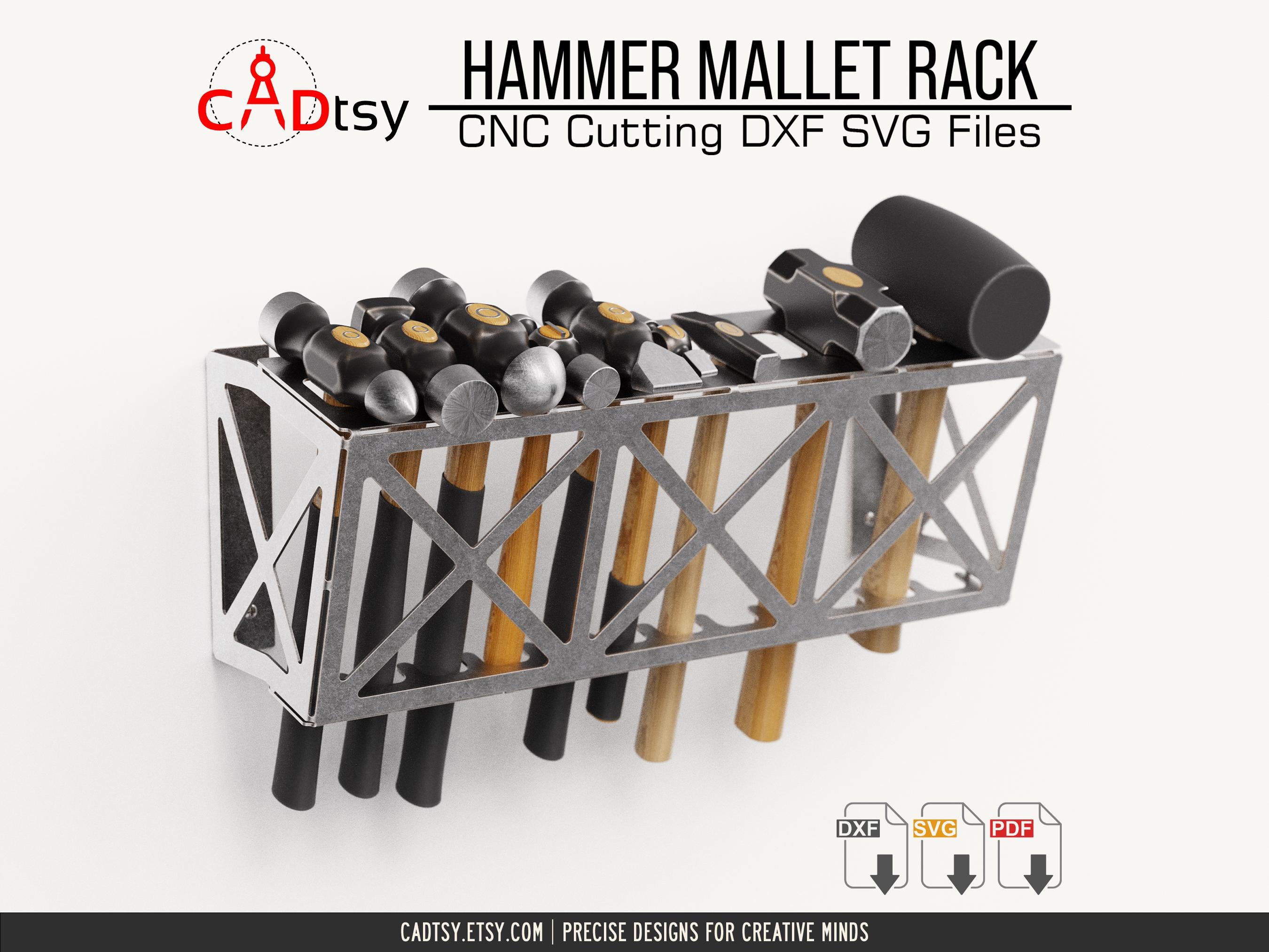 Hammer Mallet Rack DXF SVG Laser Plasma Cutting Files - A workshop tool organizer designed to hold 12 hammers/mallets, shown with precision CNC cutting patterns in DXF and SVG file formats.