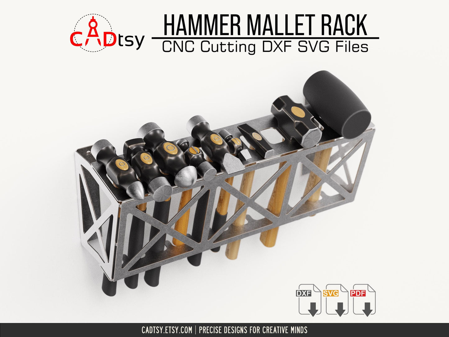 Hammer Mallet Rack DXF SVG Laser Plasma Cutting Files - A workshop tool organizer designed to hold 12 hammers/mallets, shown with precision CNC cutting patterns in DXF and SVG file formats.