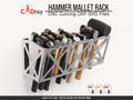 Hammer Mallet Rack DXF SVG Laser Plasma Cutting Files - A workshop tool organizer designed to hold 12 hammers/mallets, shown with precision CNC cutting patterns in DXF and SVG file formats.