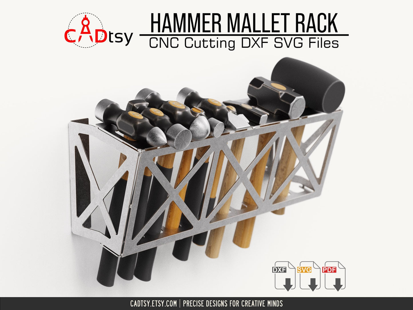 Hammer Mallet Rack DXF SVG Laser Plasma Cutting Files - A workshop tool organizer designed to hold 12 hammers/mallets, shown with precision CNC cutting patterns in DXF and SVG file formats.