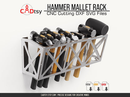 Hammer Mallet Rack DXF SVG Laser Plasma Cutting Files - A workshop tool organizer designed to hold 12 hammers/mallets, shown with precision CNC cutting patterns in DXF and SVG file formats.