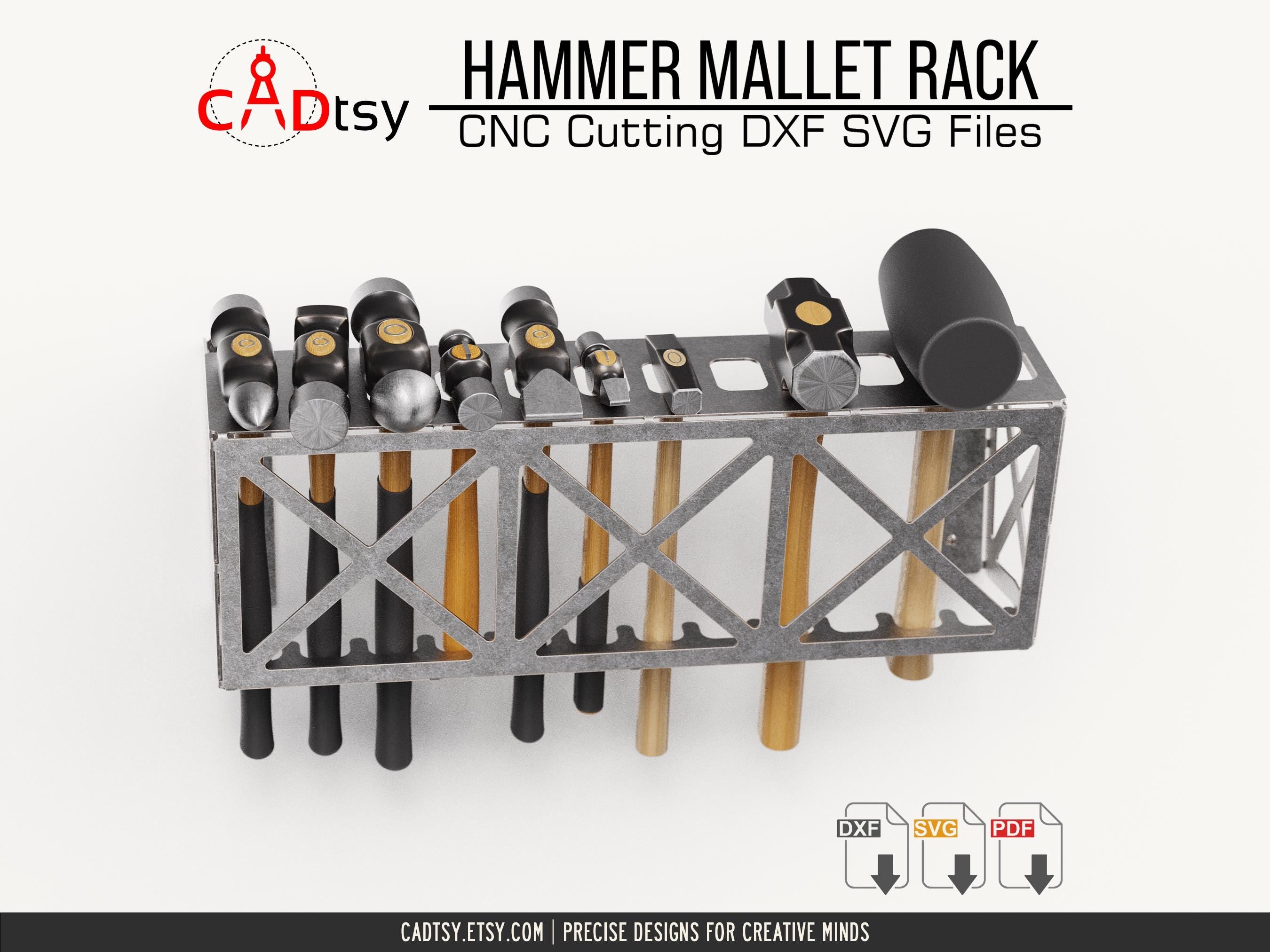 Hammer Mallet Rack DXF SVG Laser Plasma Cutting Files - A workshop tool organizer designed to hold 12 hammers/mallets, shown with precision CNC cutting patterns in DXF and SVG file formats.