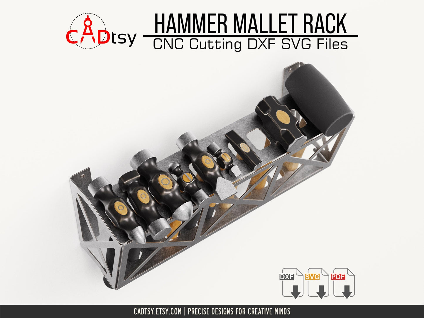 Hammer Mallet Rack DXF SVG Laser Plasma Cutting Files - A workshop tool organizer designed to hold 12 hammers/mallets, shown with precision CNC cutting patterns in DXF and SVG file formats.