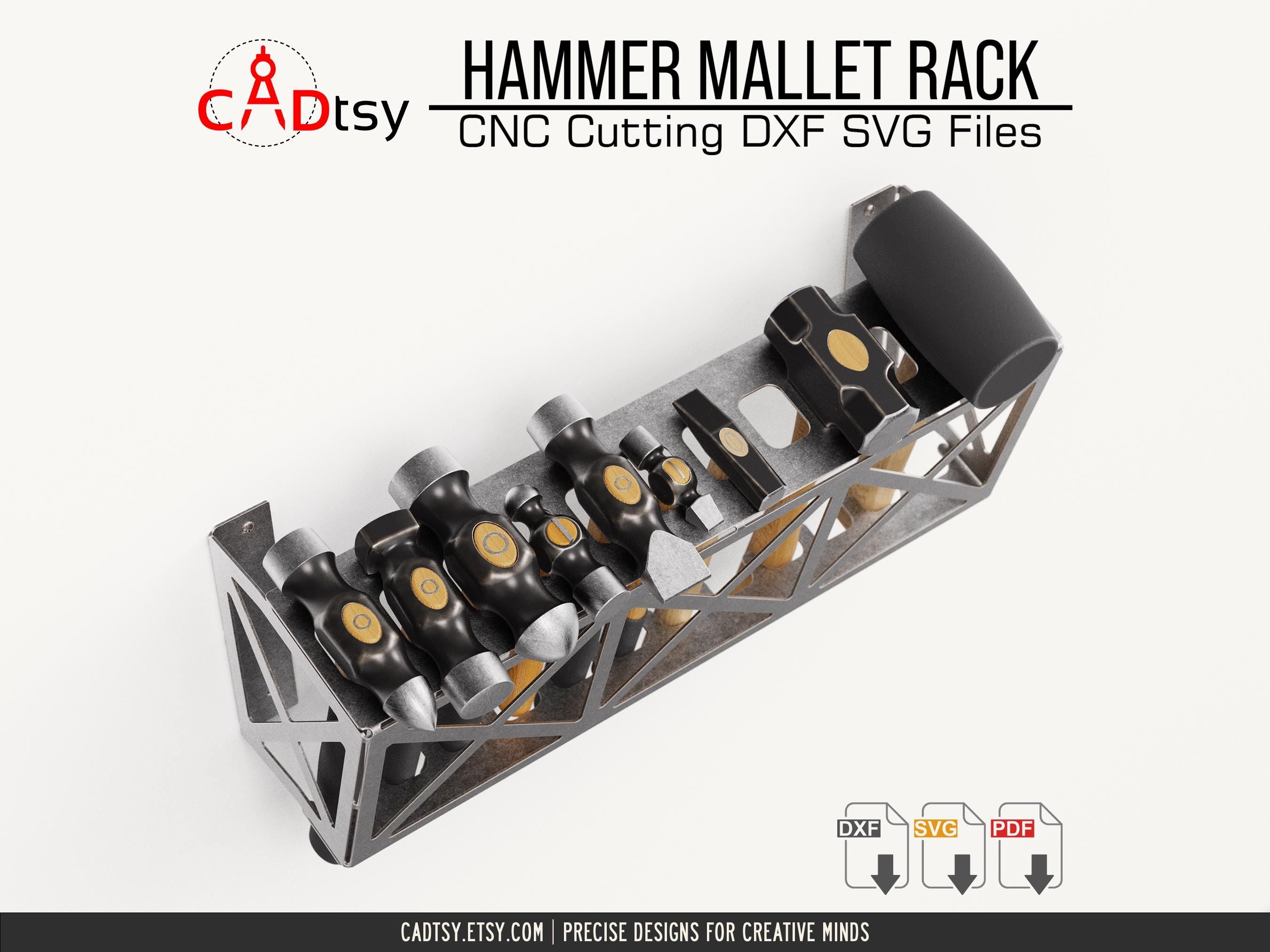 Hammer Mallet Rack DXF SVG Laser Plasma Cutting Files - A workshop tool organizer designed to hold 12 hammers/mallets, shown with precision CNC cutting patterns in DXF and SVG file formats.
