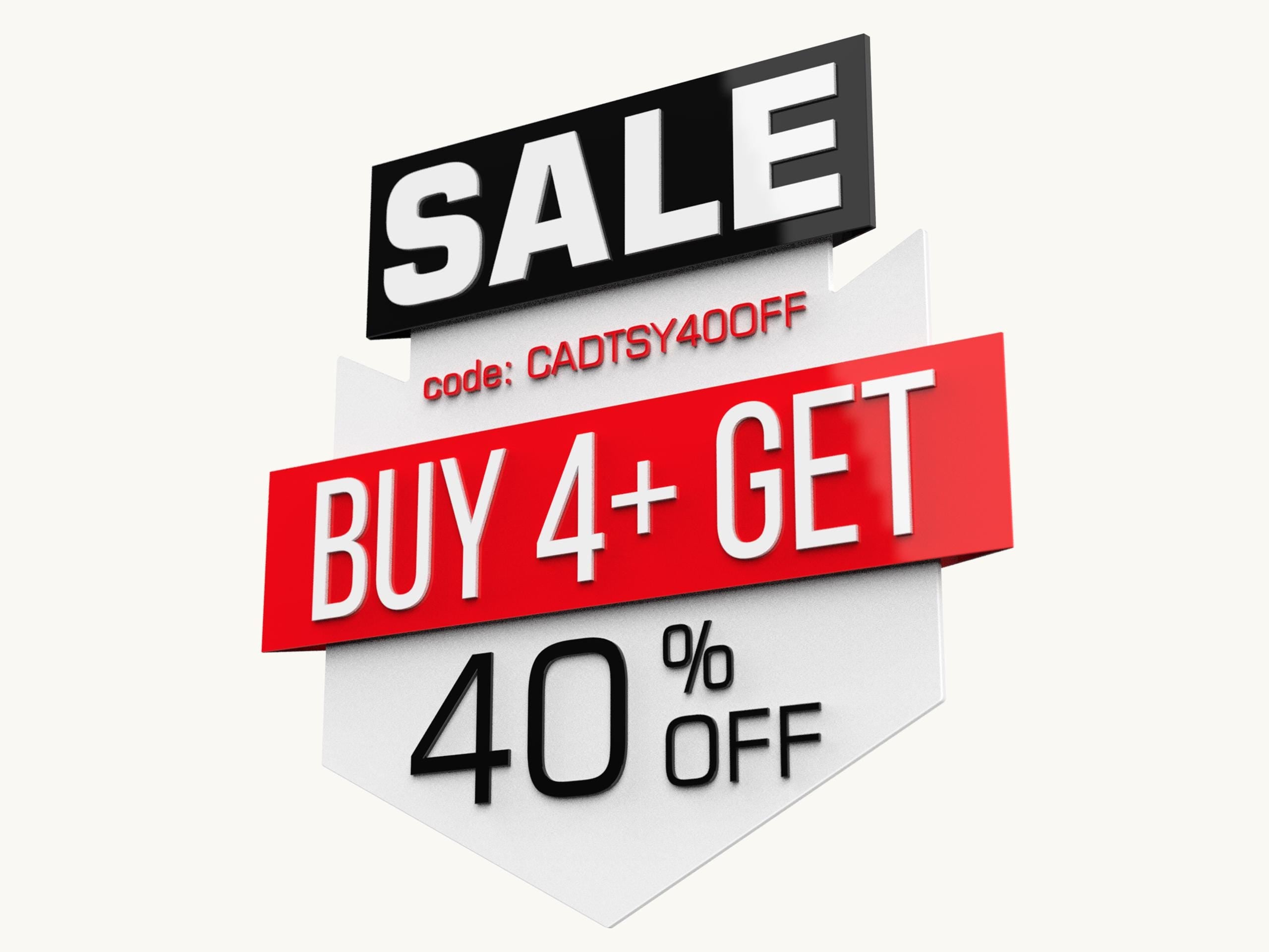 CADTSY sale Buy 4+ items, save 40% with code CADTSY40OFF. White background, red and black text.