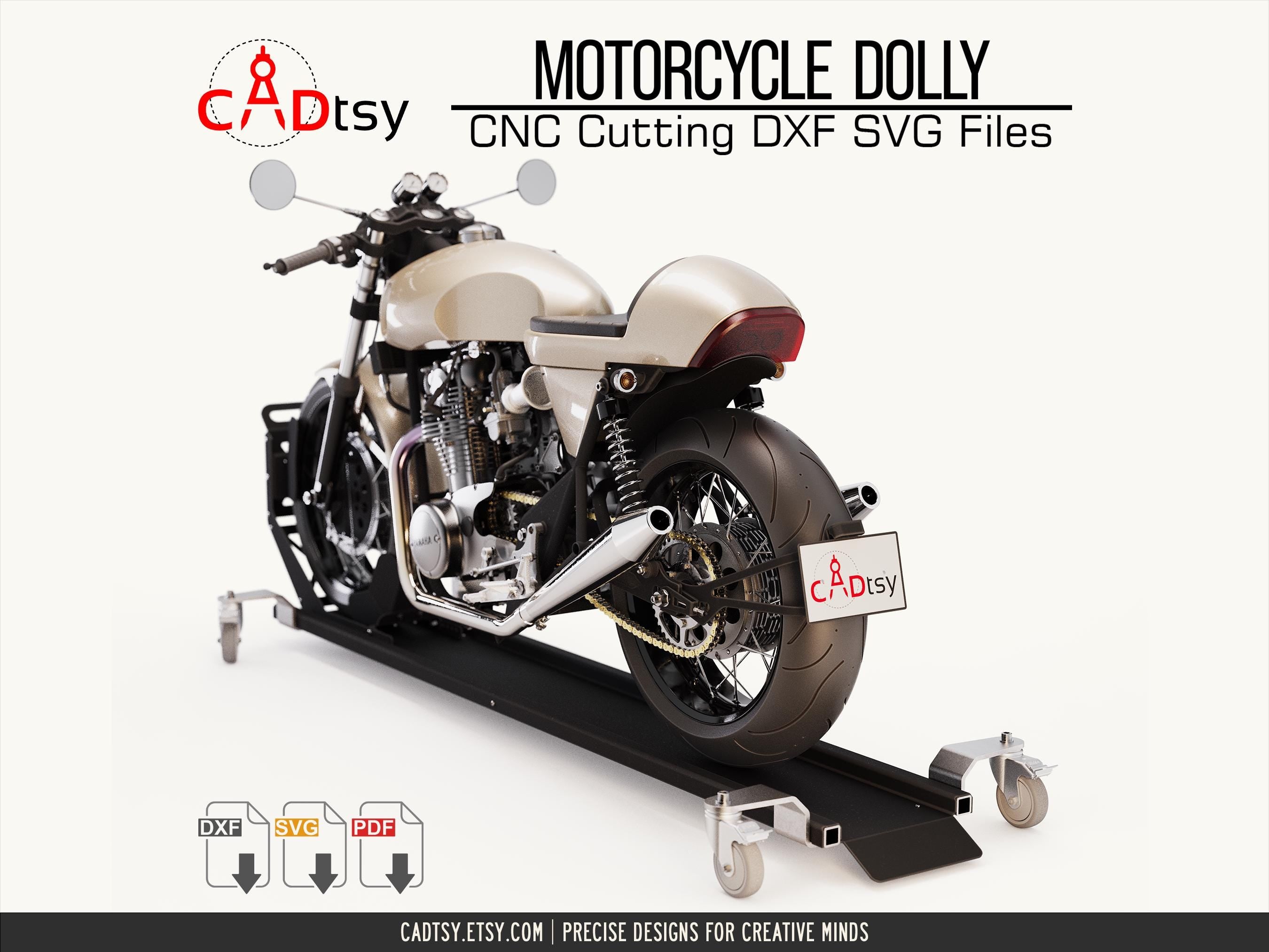 Motorcycle Dolly DXF Files. Motorbike Mover Stand CNC Plasma Cutting Files and Metalworking PDF Plans. Adjustable Front Wheel Catch 100-150