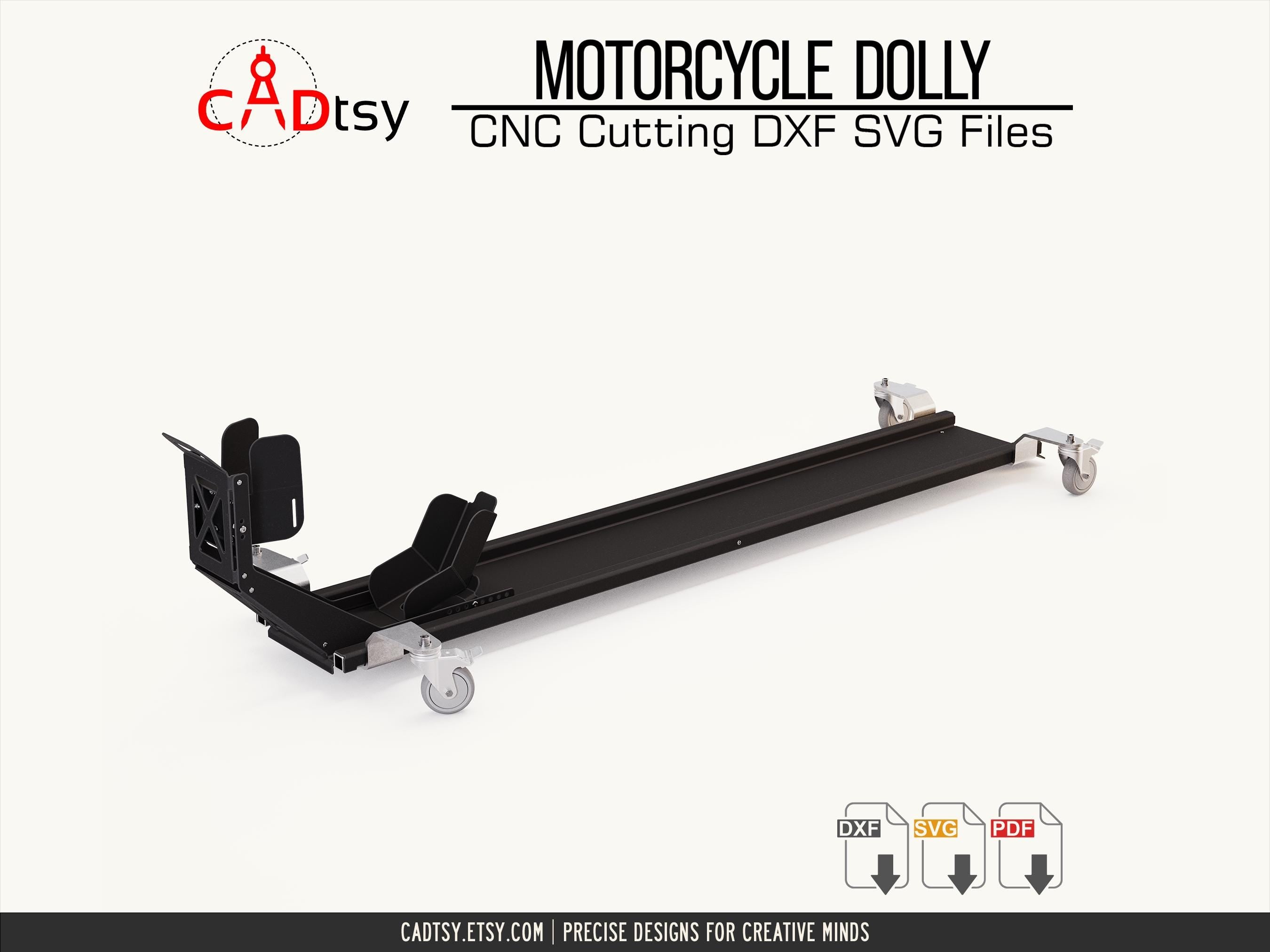 Motorcycle Dolly DXF Files. Motorbike Mover Stand CNC Plasma Cutting Files and Metalworking PDF Plans. Adjustable Front Wheel Catch 100-150