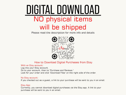 CADtsy digital download notice: DIGITAL DOWNLOAD. NO physical items will be shipped. And QR code with a link to https://cadtsy.com/ website