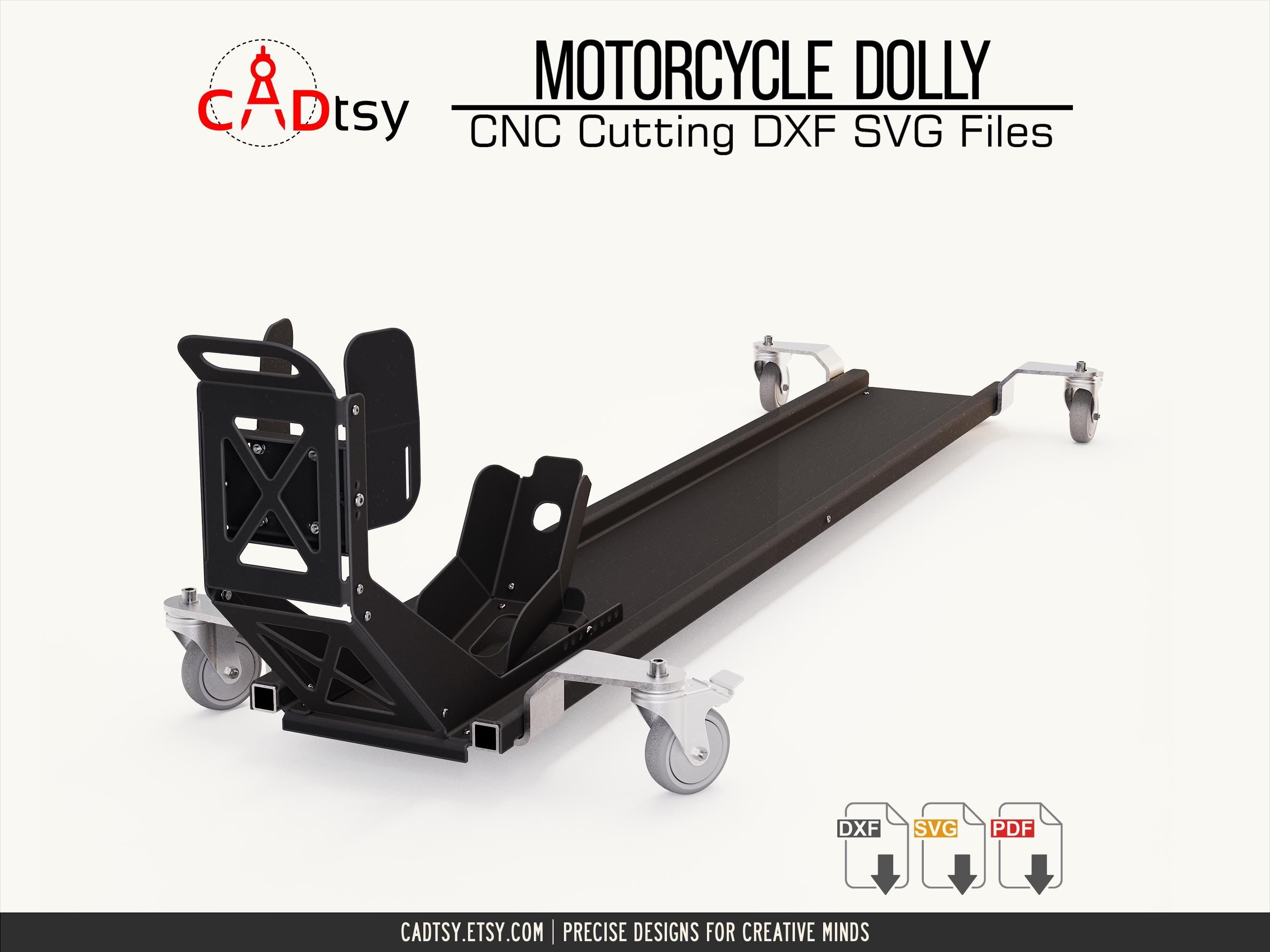Motorcycle Dolly DXF Files. Motorbike Mover Stand CNC Plasma Cutting Files and Metalworking PDF Plans. Adjustable Front Wheel Catch 100-150