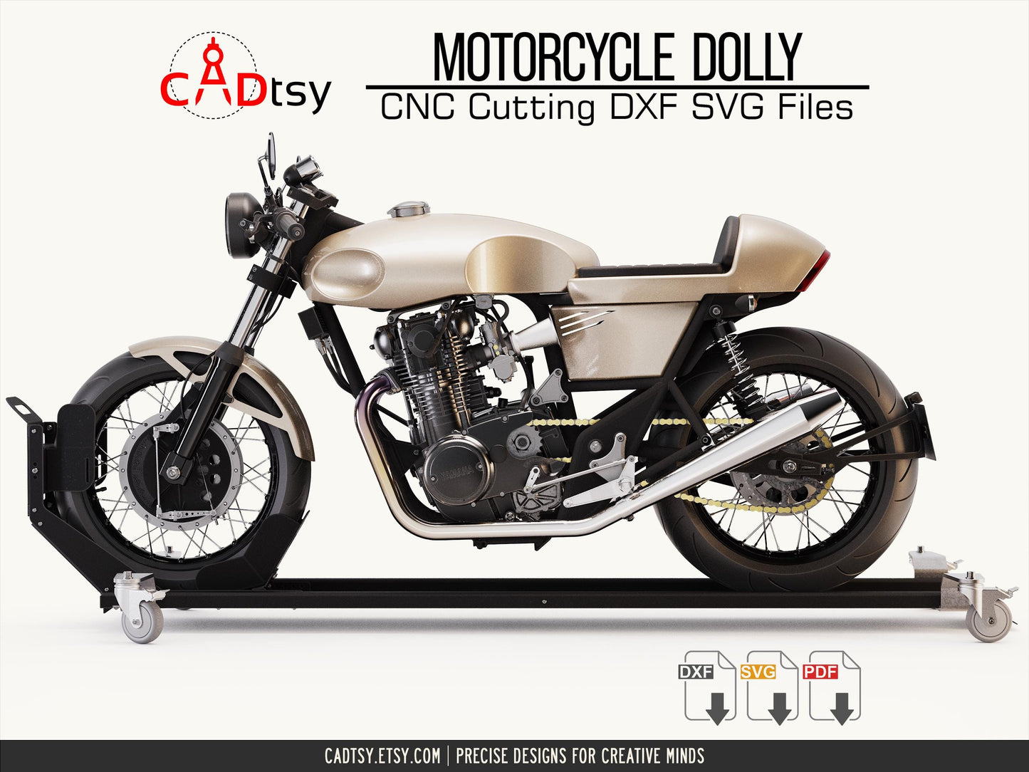 Motorcycle Dolly DXF Files. Motorbike Mover Stand CNC Plasma Cutting Files and Metalworking PDF Plans. Adjustable Front Wheel Catch 100-150