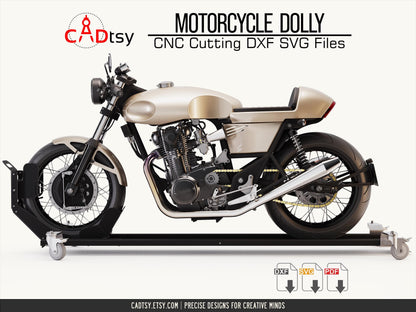 Motorcycle Dolly DXF Files. Motorbike Mover Stand CNC Plasma Cutting Files and Metalworking PDF Plans. Adjustable Front Wheel Catch 100-150