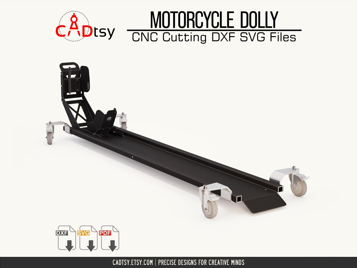 Motorcycle Dolly DXF Files. Motorbike Mover Stand CNC Plasma Cutting Files and Metalworking PDF Plans. Adjustable Front Wheel Catch 100-150