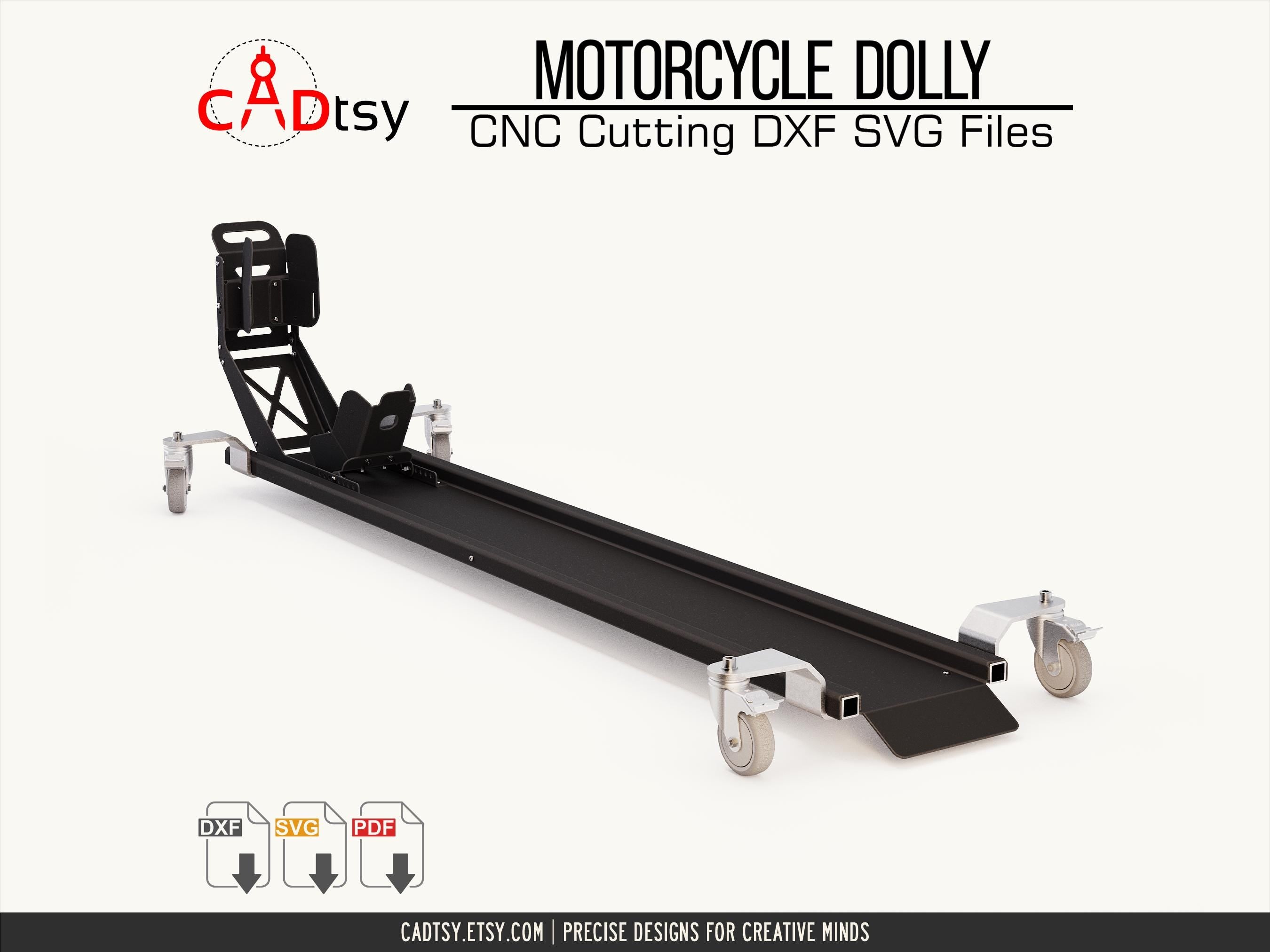 Motorcycle Dolly DXF Files. Motorbike Mover Stand CNC Plasma Cutting Files and Metalworking PDF Plans. Adjustable Front Wheel Catch 100-150
