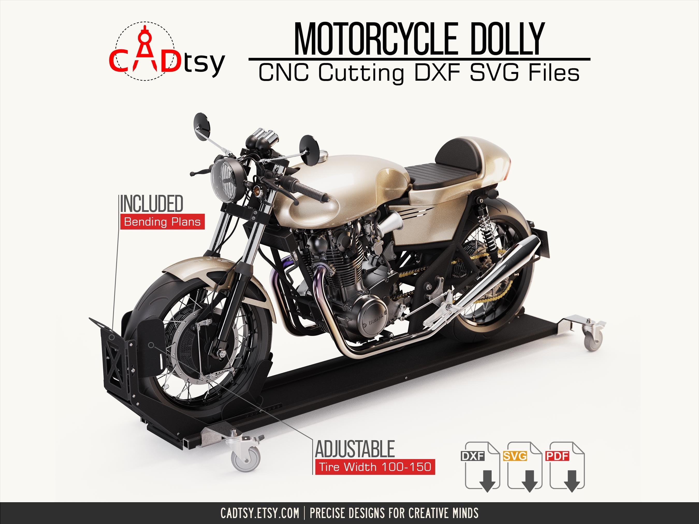 Black metal motorcycle dolly with cream-colored cafe racer bike positioned on adjustable front wheel chock. Rolling stand features turntable platform, four caster wheels, and sturdy steel frame construction for easy bike storage and movement.
