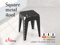 An 18-inch high industrial metal stool, made from a DXF file, shown fully assembled in a workshop setting.