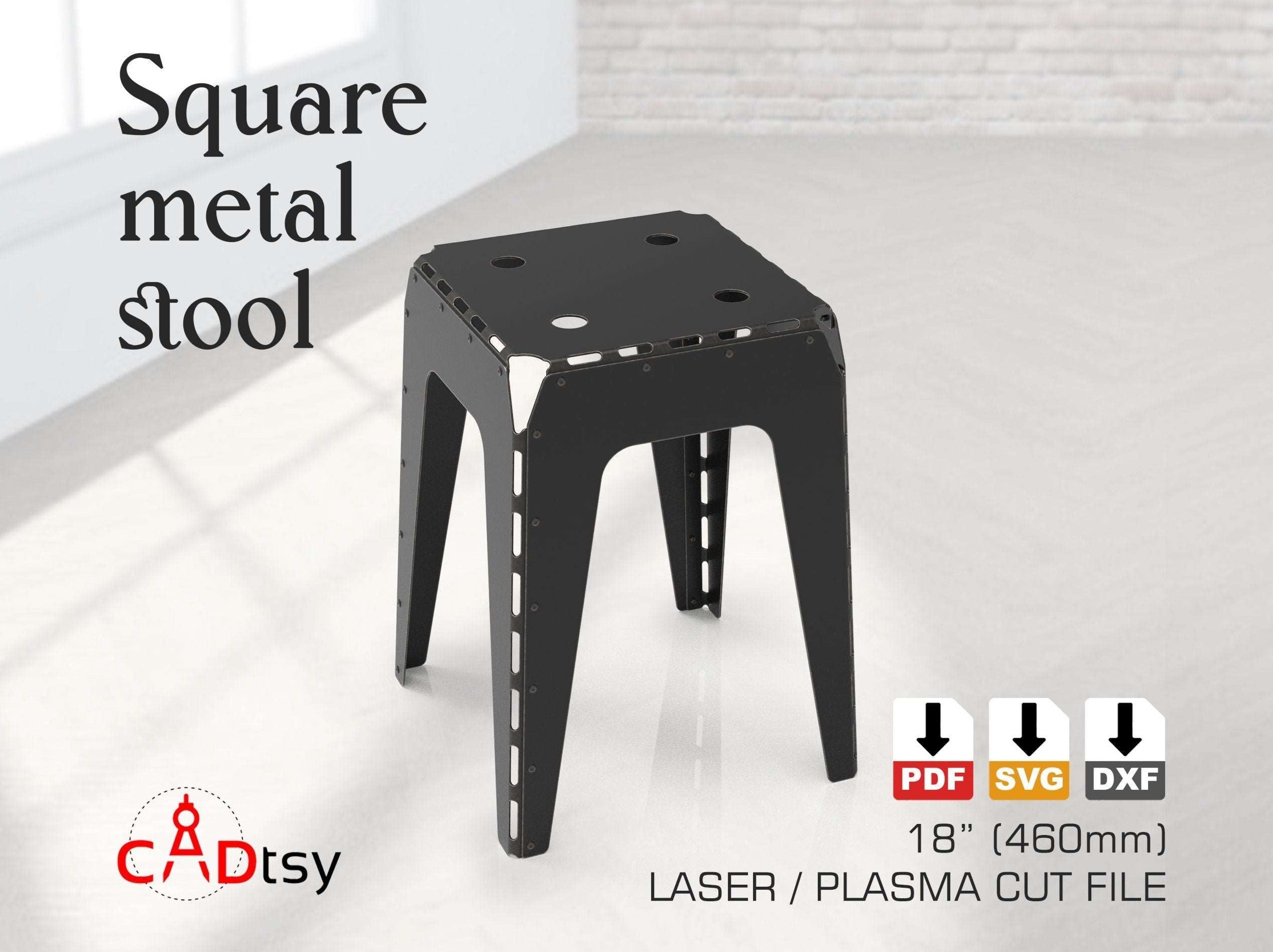 An 18-inch high industrial metal stool, made from a DXF file, shown fully assembled in a workshop setting.
