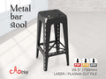 A 29.5-inch high industrial metal bar stool, made from a DXF file, shown fully assembled in a workshop setting.