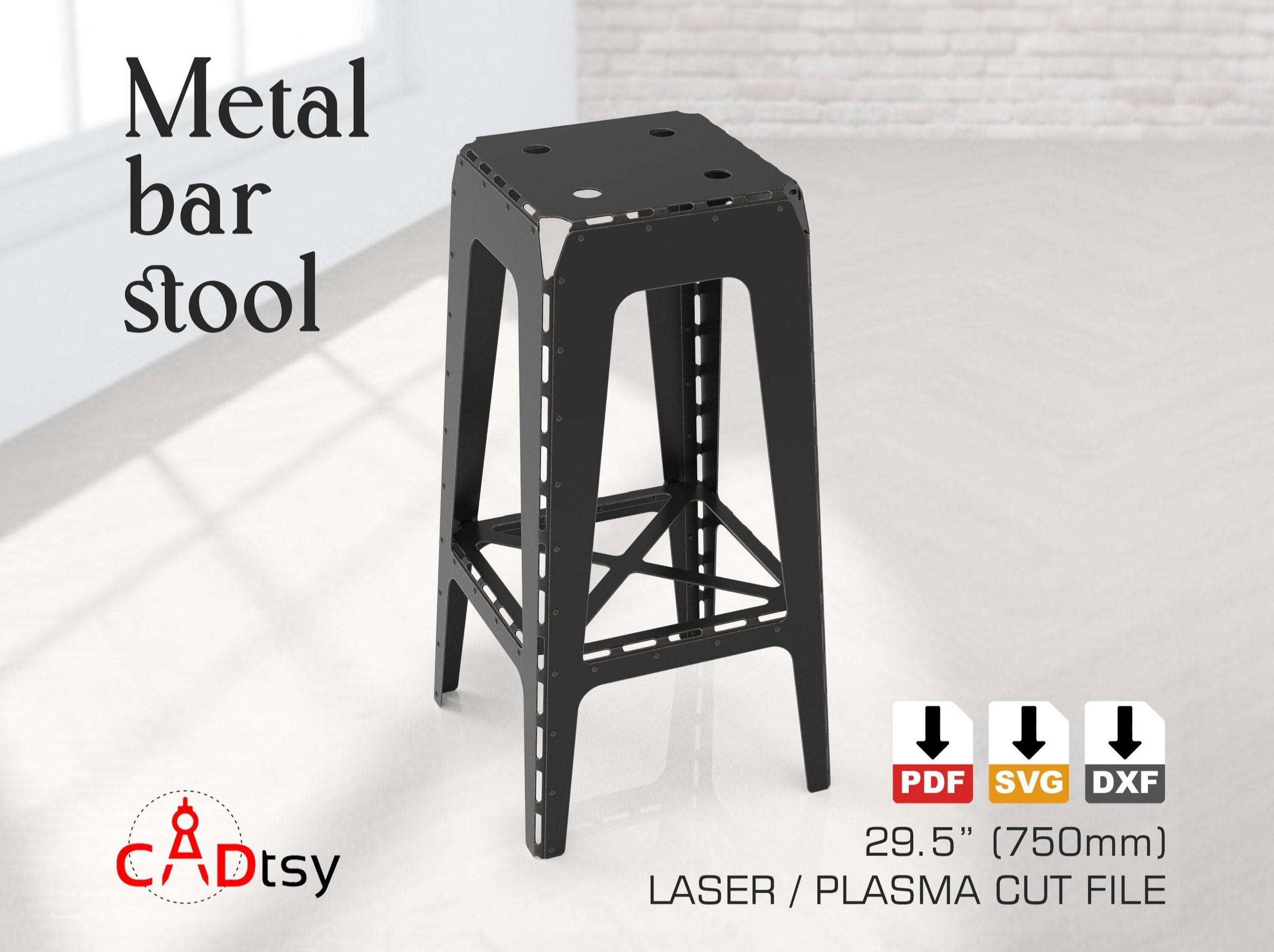 A 29.5-inch high industrial metal bar stool, made from a DXF file, shown fully assembled in a workshop setting.