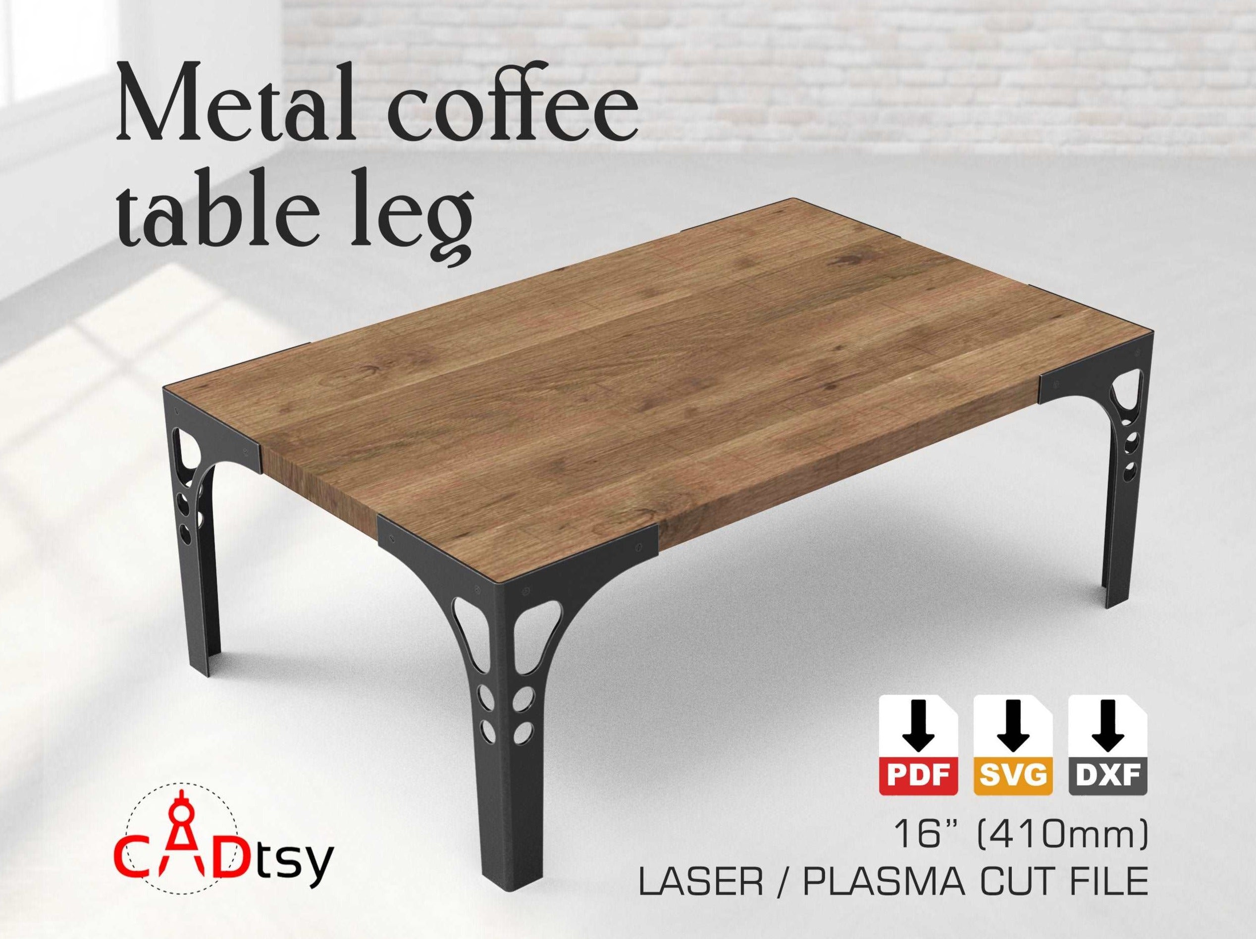 A single, industrial-style metal coffee table leg, made from a DXF file, shown ready to be attached to a tabletop.