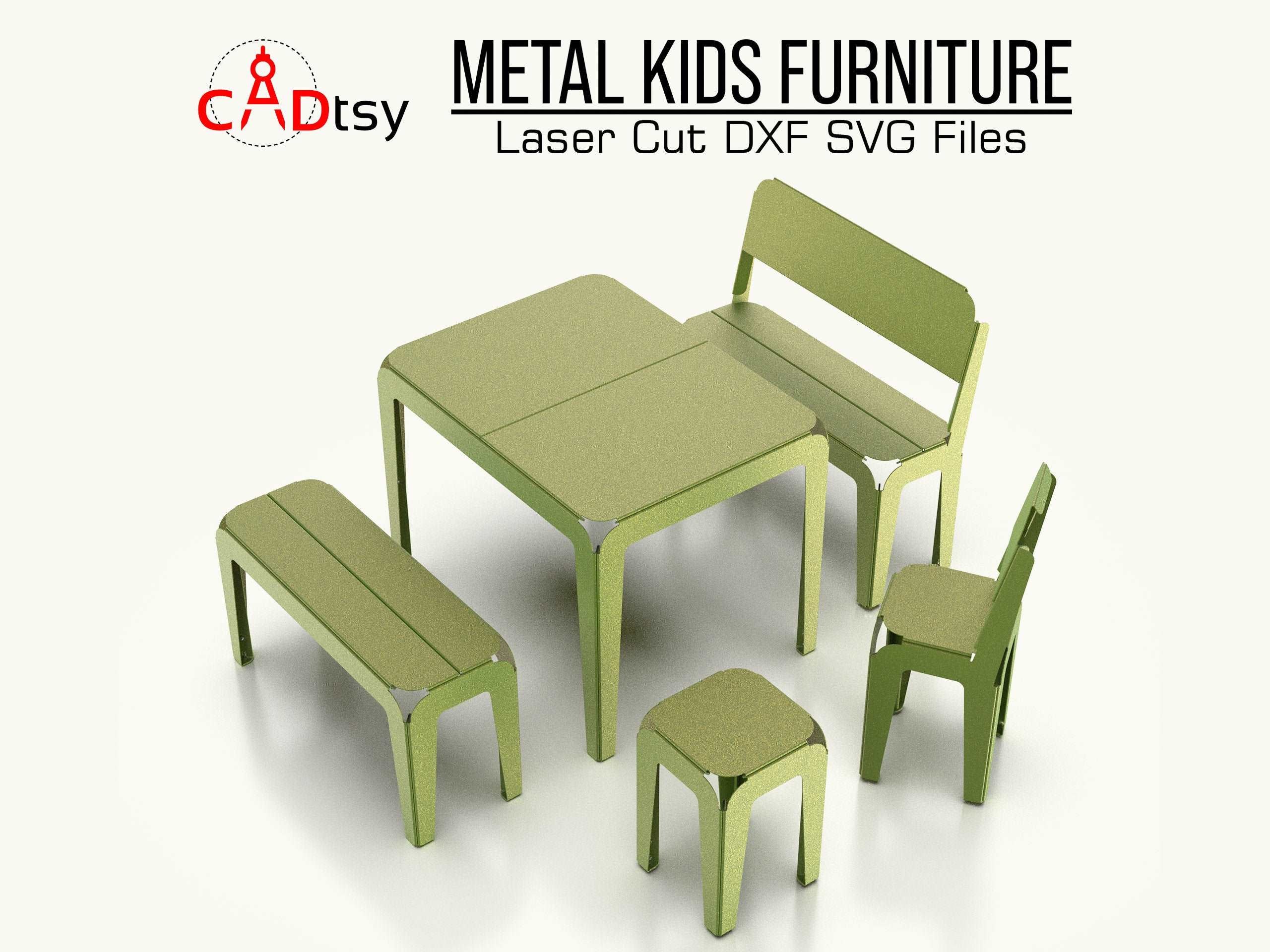 A full set of colorful metal kids' furniture, made from a DXF file, including a table, chair, and bench, shown outdoor
