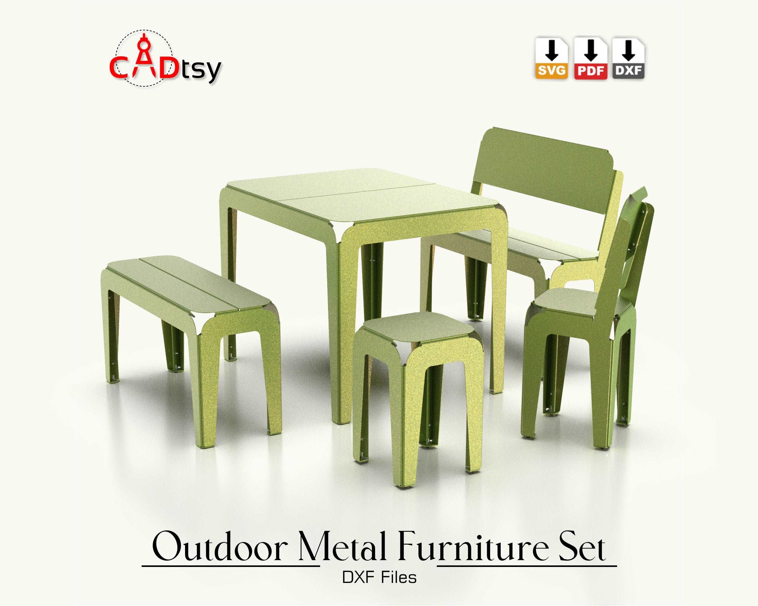 Outdoor metal CNC laser/plasma cut set for kids: table, bench, backrest bench, stool, and backrest stool. Modern style, heavy-duty design. Perfect for a patio or garden, combining style and durability for children's outdoor furniture.